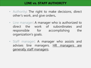 • Authority: The right to make decisions, direct
other’s work, and give orders.
• Line manager: A manager who is authorized to
direct the work of subordinates and
responsible for accomplishing the
organization’s goals.
• Staff manager: A manager who assists and
advises line managers. HR managers are
generally staff managers.
LINE vs. STAFF AUTHORITY
 