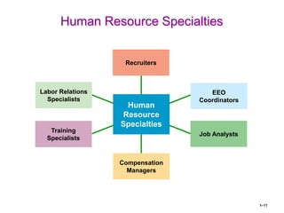 1–11
Human Resource Specialties
Recruiters
EEO
Coordinators
Labor Relations
Specialists
Training
Specialists
Job Analysts
Compensation
Managers
Human
Resource
Specialties
 