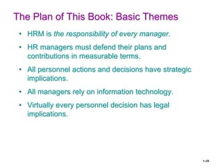1–25
The Plan of This Book: Basic Themes
• HRM is the responsibility of every manager.
• HR managers must defend their plans and
contributions in measurable terms.
• All personnel actions and decisions have strategic
implications.
• All managers rely on information technology.
• Virtually every personnel decision has legal
implications.
 