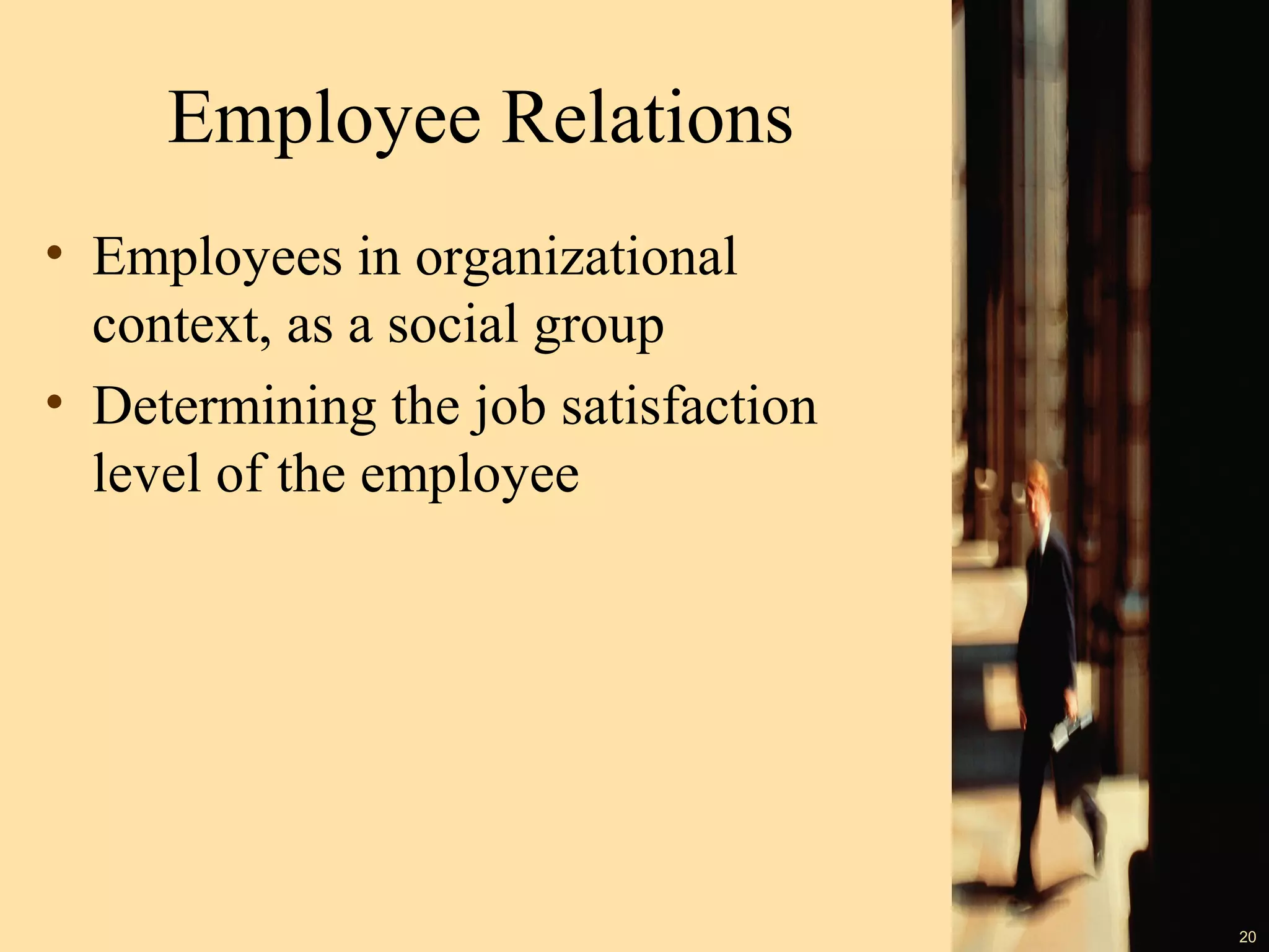Employee Relations
• Employees in organizational
context, as a social group
• Determining the job satisfaction
level of the employee

20

 