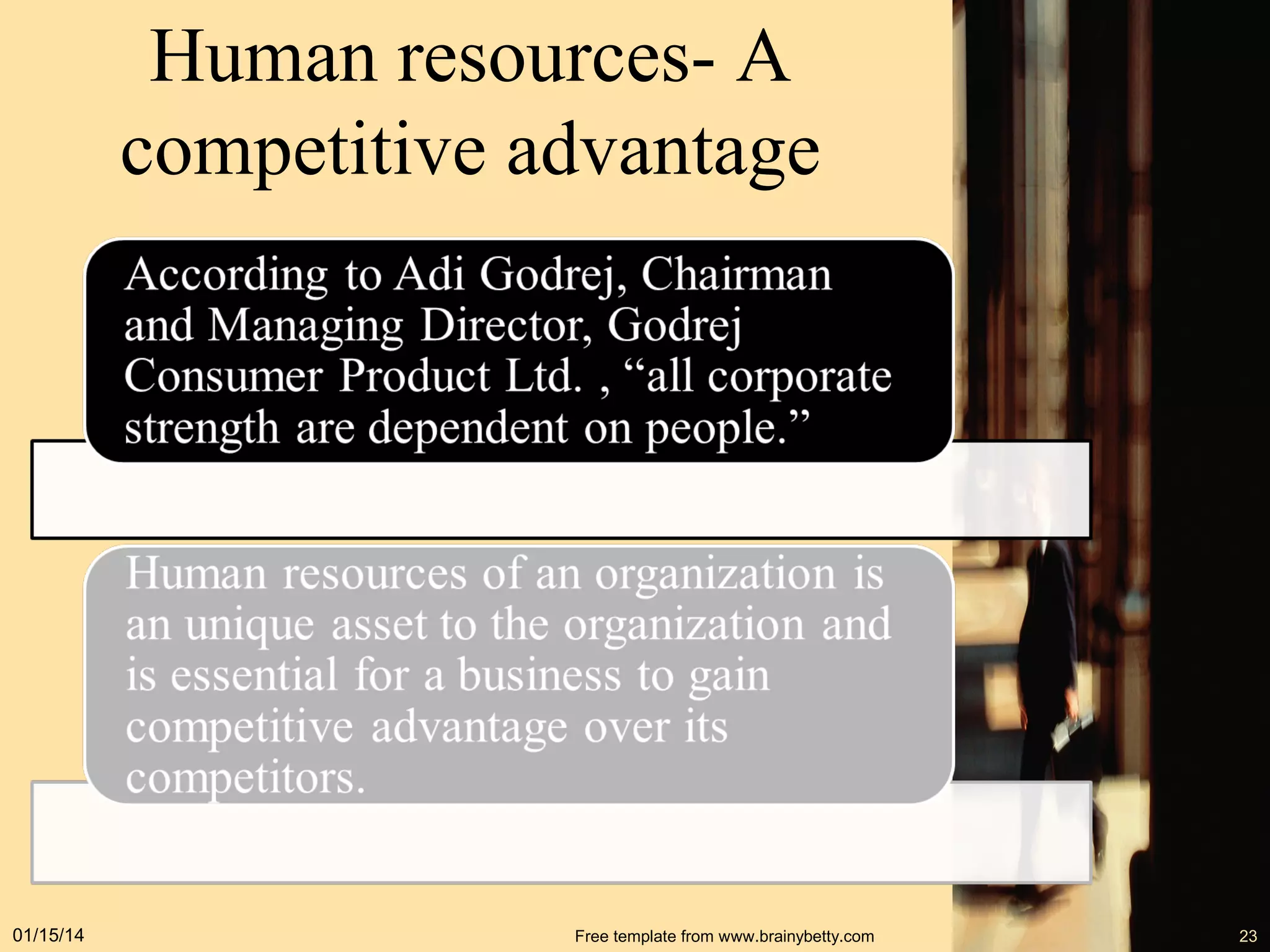 Human resources- A
competitive advantage

01/15/14

Free template from www.brainybetty.com

23

 