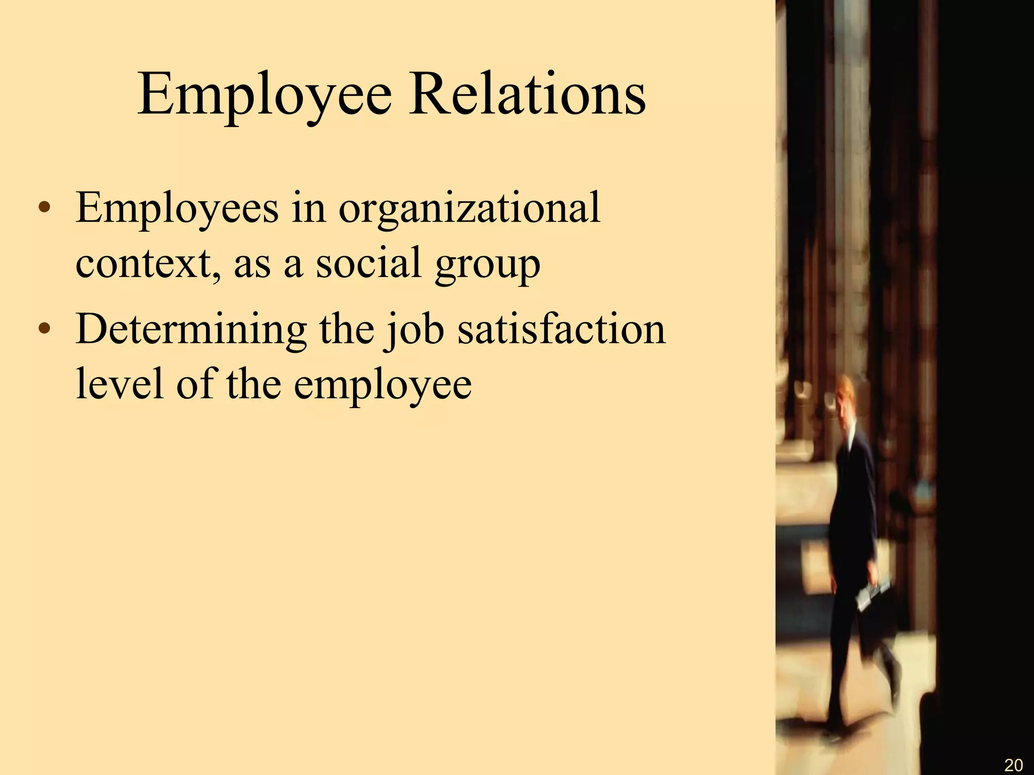 Employee Relations
• Employees in organizational
context, as a social group
• Determining the job satisfaction
level of the employee
20
 