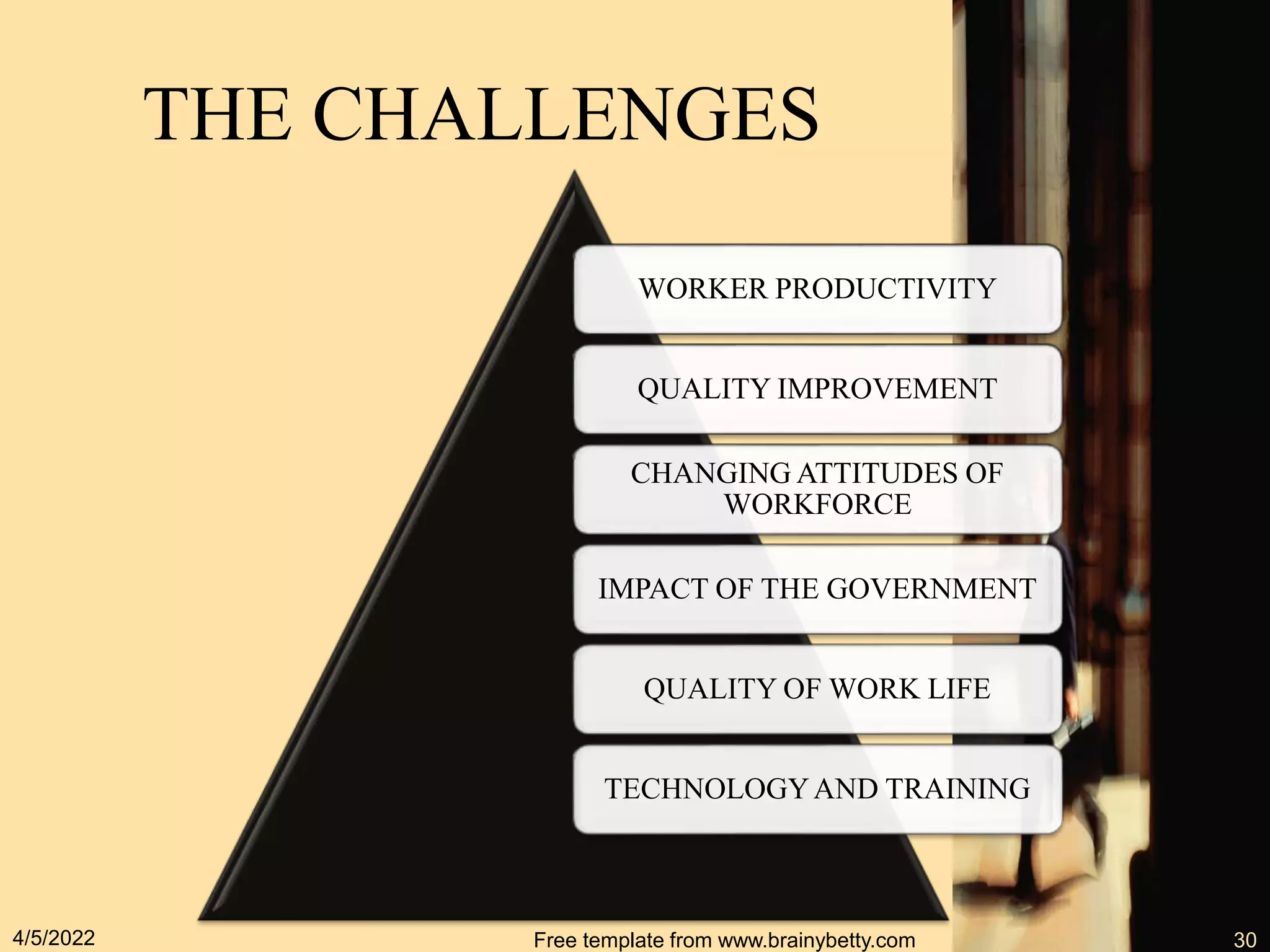 THE CHALLENGES
4/5/2022 Free template from www.brainybetty.com 30
WORKER PRODUCTIVITY
QUALITY IMPROVEMENT
CHANGING ATTITUDES OF
WORKFORCE
IMPACT OF THE GOVERNMENT
QUALITY OF WORK LIFE
TECHNOLOGYAND TRAINING
 