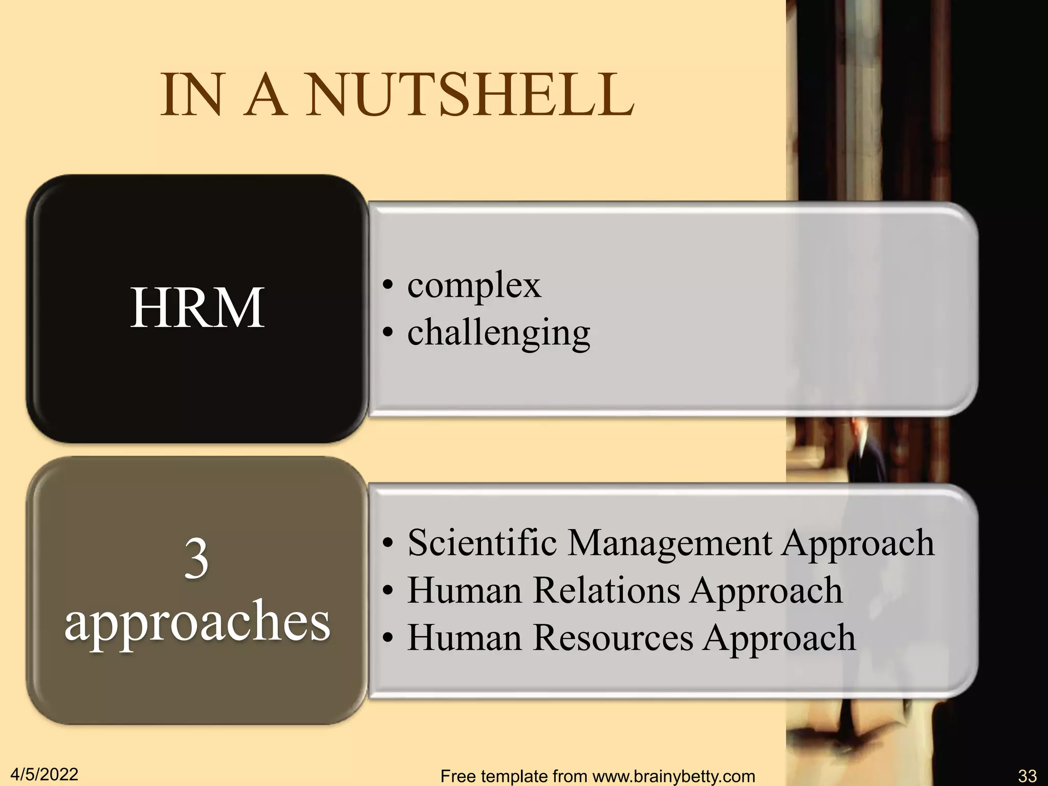 IN A NUTSHELL
• complex
• challenging
HRM
• Scientific Management Approach
• Human Relations Approach
• Human Resources Approach
3
approaches
4/5/2022 Free template from www.brainybetty.com 33
 