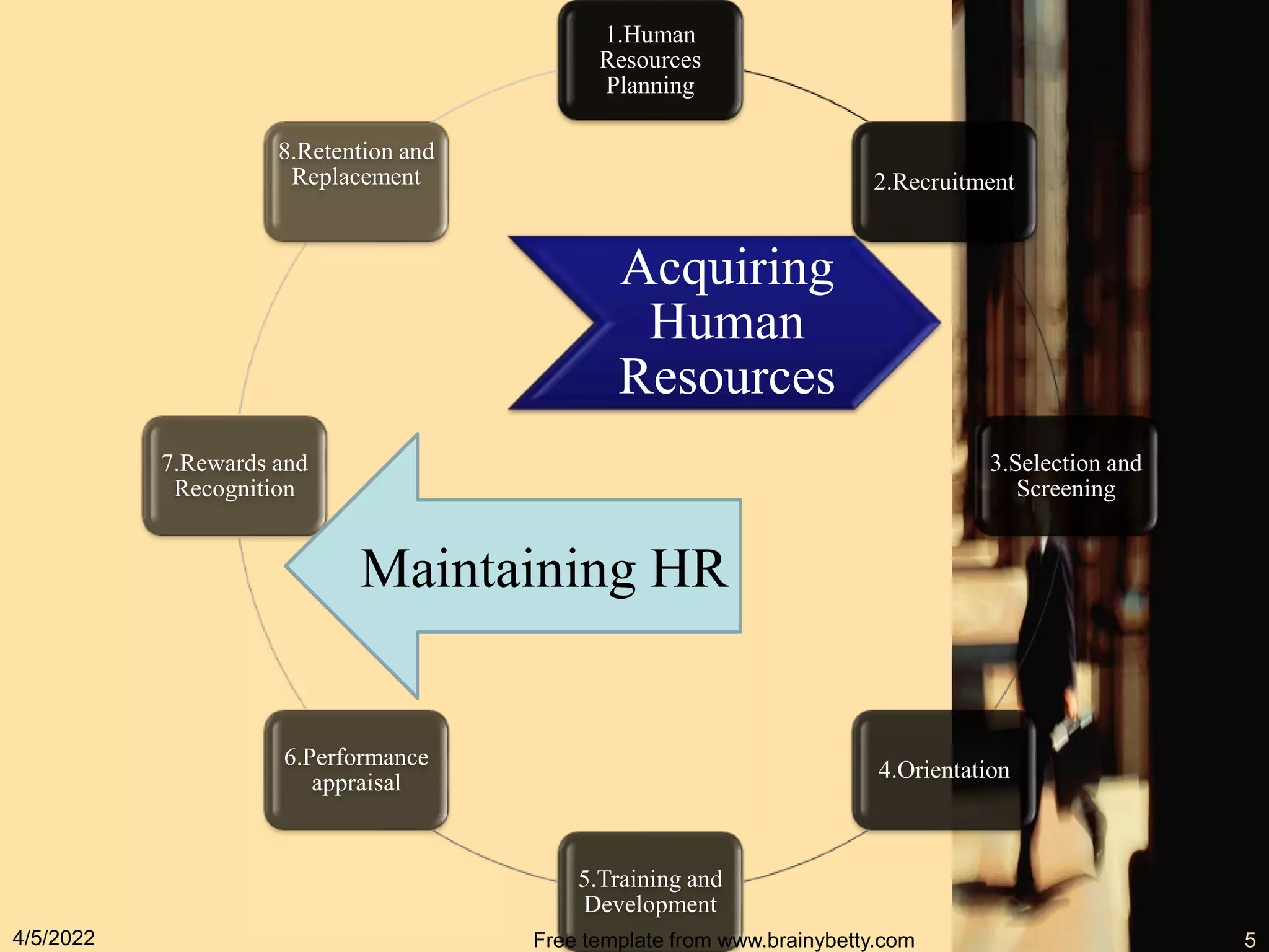 1.Human
Resources
Planning
2.Recruitment
3.Selection and
Screening
4.Orientation
5.Training and
Development
6.Performance
appraisal
7.Rewards and
Recognition
8.Retention and
Replacement
4/5/2022 Free template from www.brainybetty.com 5
Acquiring
Human
Resources
Maintaining HR
 
