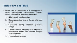 MERIT-PAY SYSTEMS
• Sekitar 90 % pengusaha A.S. menggunakan
sistem pembayaran berdasarkan prestasi.
Namun dinilai tidak berhasil dikarenakan:
1. Nilai insentif terlalu rendah
2. Hubungan antara kinerja dan penghargaan
lemah
3. Supervisor sering menolak penilaian
kinerja
4. Kontrak serikat mempengaruhi keputusan
pembayaran kinerja baik didalam maupun
antar organisasi
5. Permasalahan anuitas
 