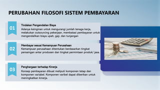 PERUBAHAN FILOSOFI SISTEM PEMBAYARAN
01
02
03
Adanya keinginan untuk mengurangi jumlah tenaga kerja,
melakukan outsourcing pekerjaan, membatasi pembayaran untuk
mengendalikan biaya upah, gaji, dan tunjangan
Tindakan Pengendalian Biaya
Kemampuan perusahaan ditentukan berdasarkan tingkat
persaingan antar produsen dan tingkat permintaan produk/ jasa.
Membayar sesuai Kemampuan Perusahaan
Konsep pembayaran dibuat meliputi komponen tetap dan
komponen variabel. Komponen varibel dapat diberikan untuk
meningkatkan kinerja.
Penghargaan terhadap Kinerja
 