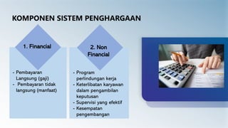 KOMPONEN SISTEM PENGHARGAAN
2. Non
Financial
1. Financial
- Program
perlindungan kerja
- Keterlibatan karyawan
dalam pengambilan
keputusan
- Supervisi yang efektif
- Kesempatan
pengembangan
- Pembayaran
Langsung (gaji)
- Pembayaran tidak
langsung (manfaat)
 