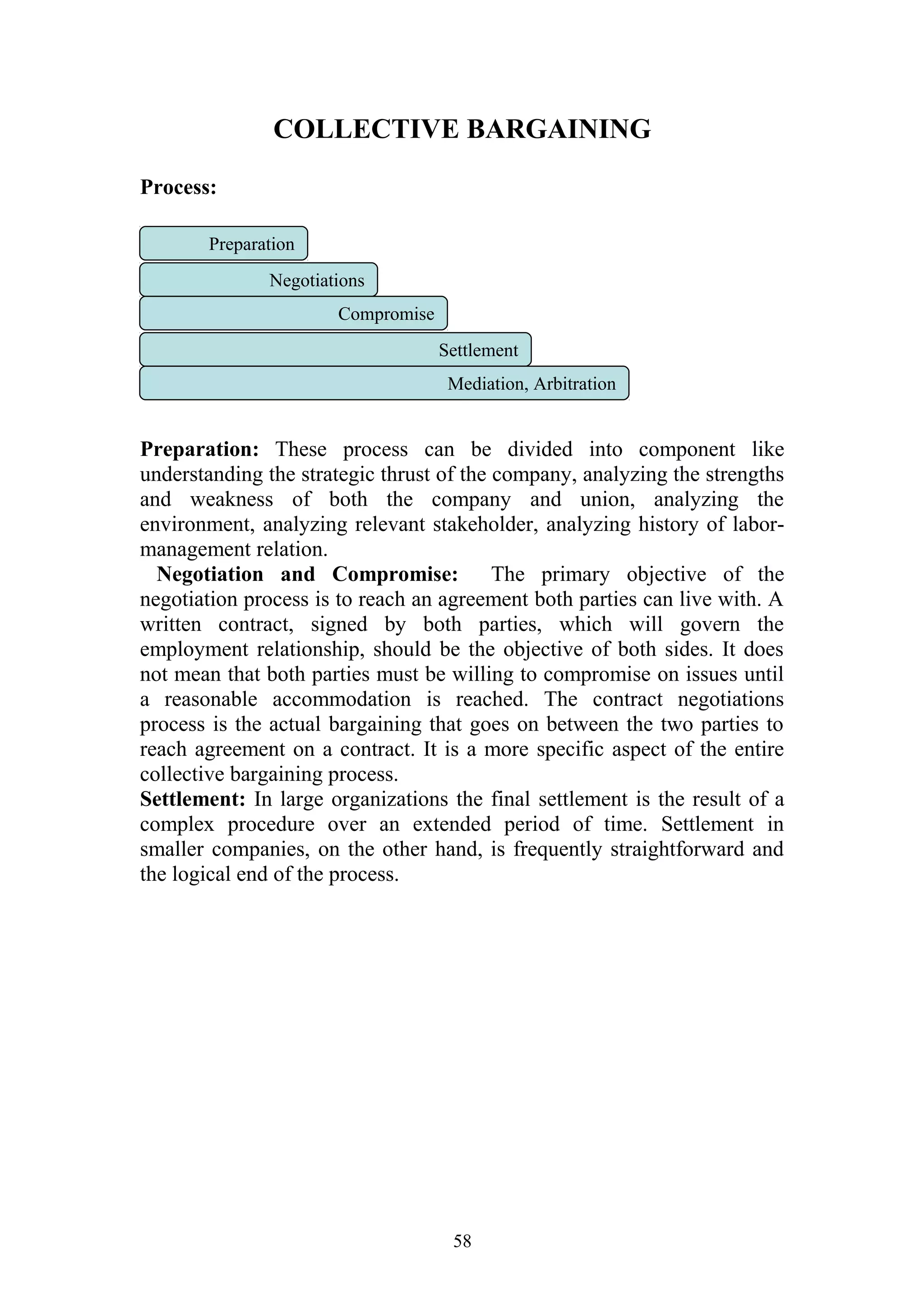 COLLECTIVE BARGAINING 
Process: 
Preparation 
Negotiations 
Compromise 
Settlement 
Mediation, Arbitration 
Preparation: These process can be divided into component like 
understanding the strategic thrust of the company, analyzing the strengths 
and weakness of both the company and union, analyzing the 
environment, analyzing relevant stakeholder, analyzing history of labor-management 
relation. 
Negotiation and Compromise: The primary objective of the 
negotiation process is to reach an agreement both parties can live with. A 
written contract, signed by both parties, which will govern the 
employment relationship, should be the objective of both sides. It does 
not mean that both parties must be willing to compromise on issues until 
a reasonable accommodation is reached. The contract negotiations 
process is the actual bargaining that goes on between the two parties to 
reach agreement on a contract. It is a more specific aspect of the entire 
collective bargaining process. 
Settlement: In large organizations the final settlement is the result of a 
complex procedure over an extended period of time. Settlement in 
smaller companies, on the other hand, is frequently straightforward and 
the logical end of the process. 
58 
 