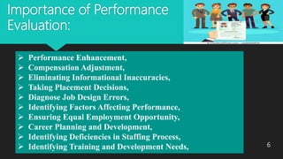 Importance of Performance
Evaluation:
 Performance Enhancement,
 Compensation Adjustment,
 Eliminating Informational Inaccuracies,
 Taking Placement Decisions,
 Diagnose Job Design Errors,
 Identifying Factors Affecting Performance,
 Ensuring Equal Employment Opportunity,
 Career Planning and Development,
 Identifying Deficiencies in Staffing Process,
 Identifying Training and Development Needs, 6
 