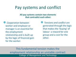 Pay systems and conflict
               All pay systems contain two elements
                     that contradict each other:

Cooperation between               Tensions and conflict are
 worker and employer or              generated through the logic
 manager is an essential for         that makes the ‘buying’ of
 the employment                      labour a reward for one
 relationship and is built up        group and a cost for the
 by the logic of financial gain      other.
 for the worker.


         This fundamental tension makes the
     employment relationship an unstable contract
 