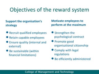 Objectives of the reward system
Support the organisation’s      Motivate employees to
strategy                        perform at the maximum

Recruit qualified employees    Strengthen the
Retain capable employees        psychological contract
Ensure quality (internal and   Promote good
 external)                       organisational citizenship
Be sustainable (within         Comply with legal
 financial limitations)          regulations
                                Be efficiently administered
 