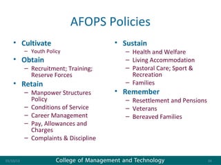 AFOPS Policies
    • Cultivate                        • Sustain
           – Youth Policy                 – Health and Welfare
    • Obtain                              – Living Accommodation
           – Recruitment; Training;       – Pastoral Care; Sport &
             Reserve Forces                 Recreation
    • Retain                              – Families
           – Manpower Structures       • Remember
             Policy                       – Resettlement and Pensions
           – Conditions of Service        – Veterans
           – Career Management            – Bereaved Families
           – Pay, Allowances and
             Charges
           – Complaints & Discipline


01/10/13                                                                34
 