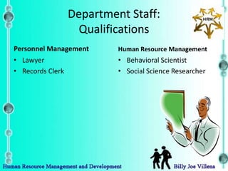 Department Staff:
                Qualifications
Personnel Management   Human Resource Management
• Lawyer               • Behavioral Scientist
• Records Clerk        • Social Science Researcher
 