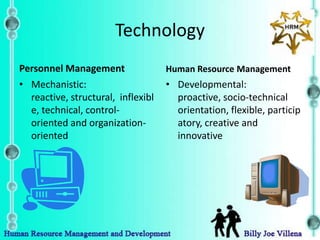 Technology
Personnel Management                Human Resource Management
• Mechanistic:                      • Developmental:
  reactive, structural, inflexibl     proactive, socio-technical
  e, technical, control-              orientation, flexible, particip
  oriented and organization-          atory, creative and
  oriented                            innovative
 
