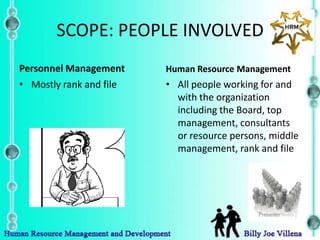 SCOPE: PEOPLE INVOLVED
Personnel Management     Human Resource Management
• Mostly rank and file   • All people working for and
                           with the organization
                           including the Board, top
                           management, consultants
                           or resource persons, middle
                           management, rank and file
 