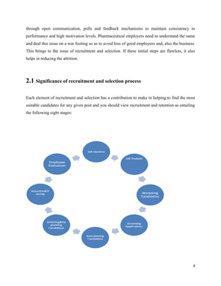 4
through open communication, polls and feedback mechanisms to maintain consistency in
performance and high motivation levels. Pharmaceutical employers need to understand the same
and deal this issue on a war footing so as to avoid loss of good employees and, also the business.
This brings to the issue of recruitment and selection. If these initial steps are flawless, it also
helps in reducing the attrition.
2.1 Significance of recruitment and selection process
Each element of recruitment and selection has a contribution to make in helping to find the most
suitable candidates for any given post and you should view recruitment and retention as entailing
the following eight stages:
 
