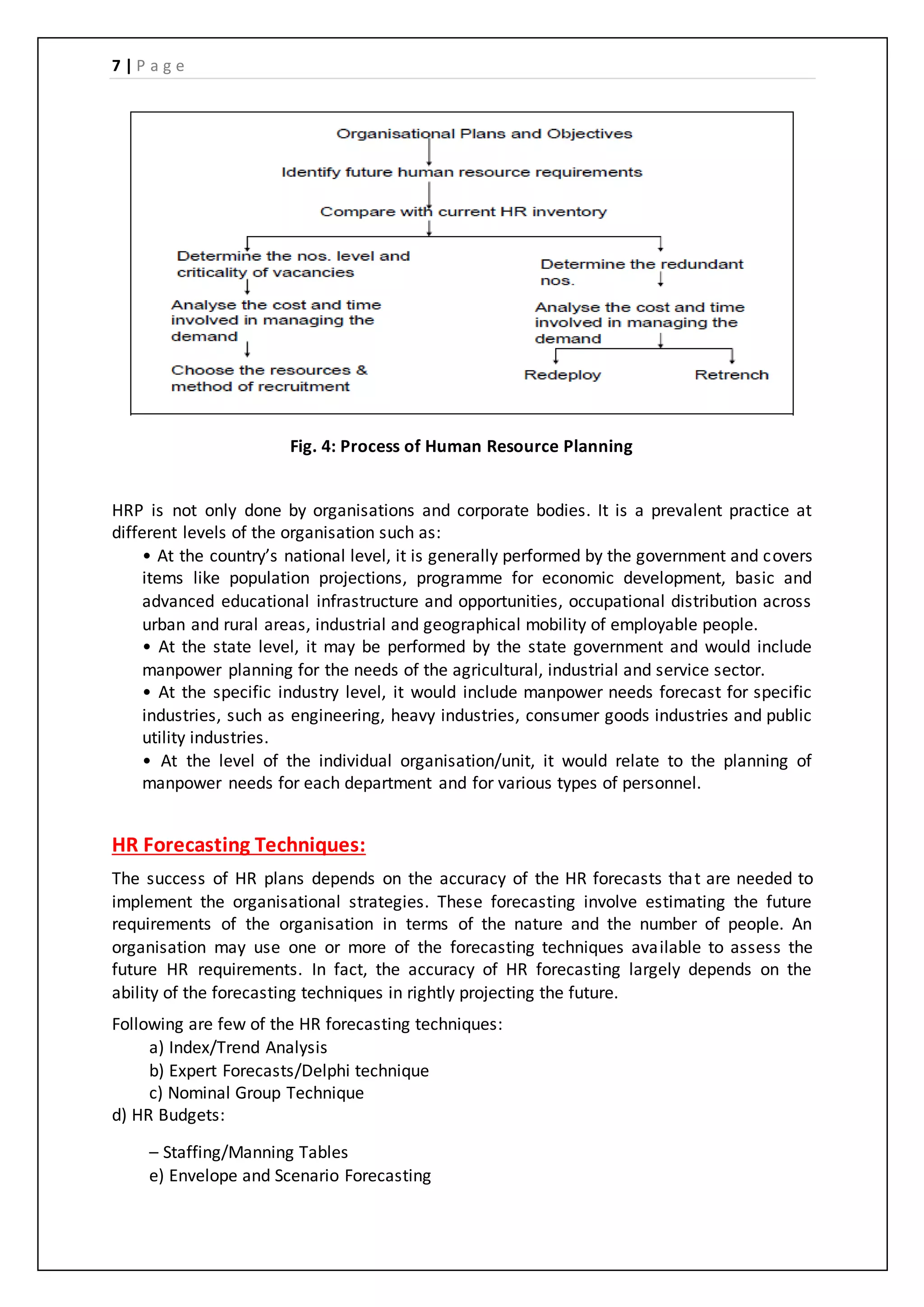7 | P a g e
Fig. 4: Process of Human Resource Planning
HRP is not only done by organisations and corporate bodies. It is a prevalent practice at
different levels of the organisation such as:
• At the country’s national level, it is generally performed by the government and covers
items like population projections, programme for economic development, basic and
advanced educational infrastructure and opportunities, occupational distribution across
urban and rural areas, industrial and geographical mobility of employable people.
• At the state level, it may be performed by the state government and would include
manpower planning for the needs of the agricultural, industrial and service sector.
• At the specific industry level, it would include manpower needs forecast for specific
industries, such as engineering, heavy industries, consumer goods industries and public
utility industries.
• At the level of the individual organisation/unit, it would relate to the planning of
manpower needs for each department and for various types of personnel.
HR Forecasting Techniques:
The success of HR plans depends on the accuracy of the HR forecasts that are needed to
implement the organisational strategies. These forecasting involve estimating the future
requirements of the organisation in terms of the nature and the number of people. An
organisation may use one or more of the forecasting techniques available to assess the
future HR requirements. In fact, the accuracy of HR forecasting largely depends on the
ability of the forecasting techniques in rightly projecting the future.
Following are few of the HR forecasting techniques:
a) Index/Trend Analysis
b) Expert Forecasts/Delphi technique
c) Nominal Group Technique
d) HR Budgets:
– Staffing/Manning Tables
e) Envelope and Scenario Forecasting
 