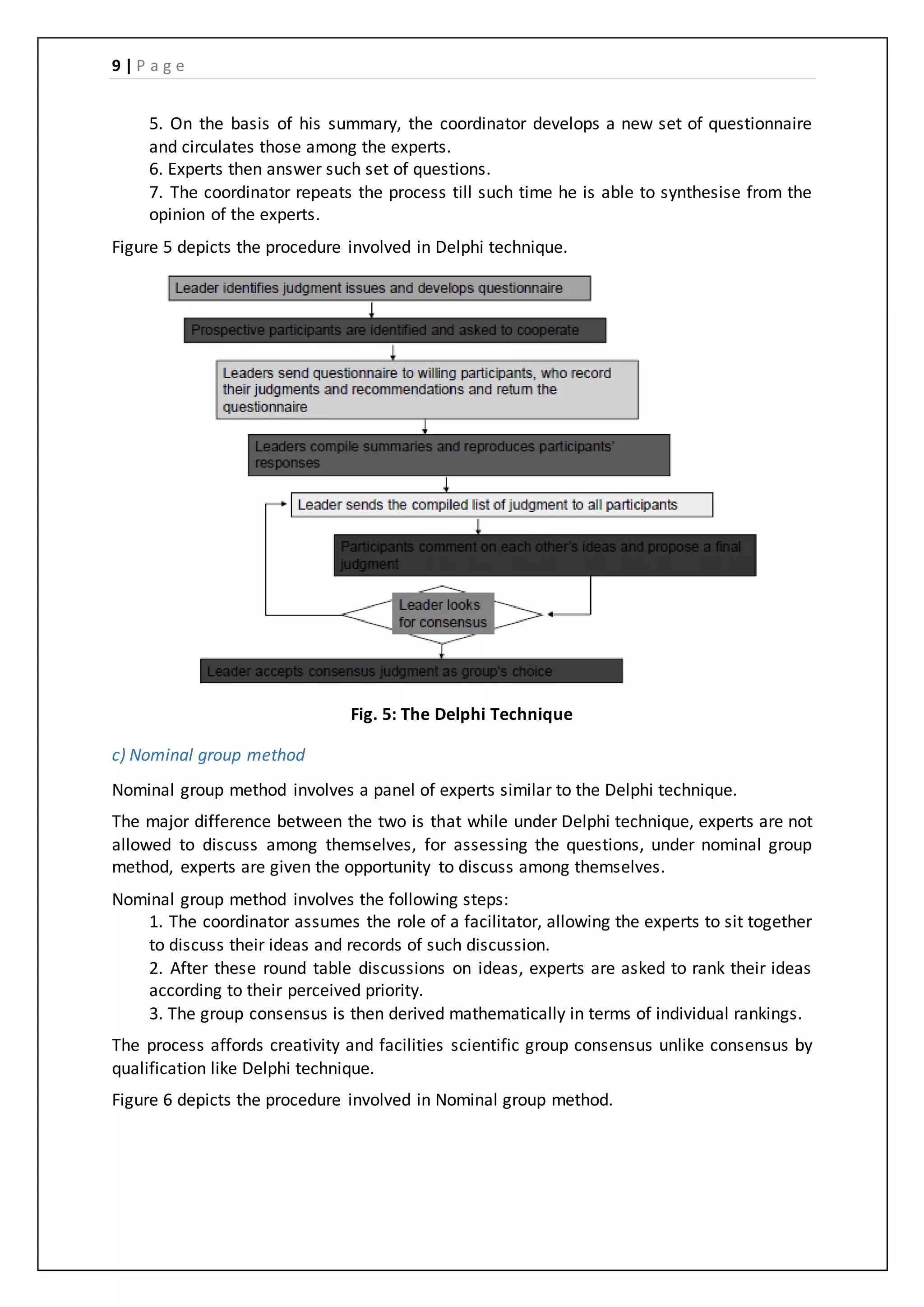 9 | P a g e
5. On the basis of his summary, the coordinator develops a new set of questionnaire
and circulates those among the experts.
6. Experts then answer such set of questions.
7. The coordinator repeats the process till such time he is able to synthesise from the
opinion of the experts.
Figure 5 depicts the procedure involved in Delphi technique.
Fig. 5: The Delphi Technique
c) Nominal group method
Nominal group method involves a panel of experts similar to the Delphi technique.
The major difference between the two is that while under Delphi technique, experts are not
allowed to discuss among themselves, for assessing the questions, under nominal group
method, experts are given the opportunity to discuss among themselves.
Nominal group method involves the following steps:
1. The coordinator assumes the role of a facilitator, allowing the experts to sit together
to discuss their ideas and records of such discussion.
2. After these round table discussions on ideas, experts are asked to rank their ideas
according to their perceived priority.
3. The group consensus is then derived mathematically in terms of individual rankings.
The process affords creativity and facilities scientific group consensus unlike consensus by
qualification like Delphi technique.
Figure 6 depicts the procedure involved in Nominal group method.
 