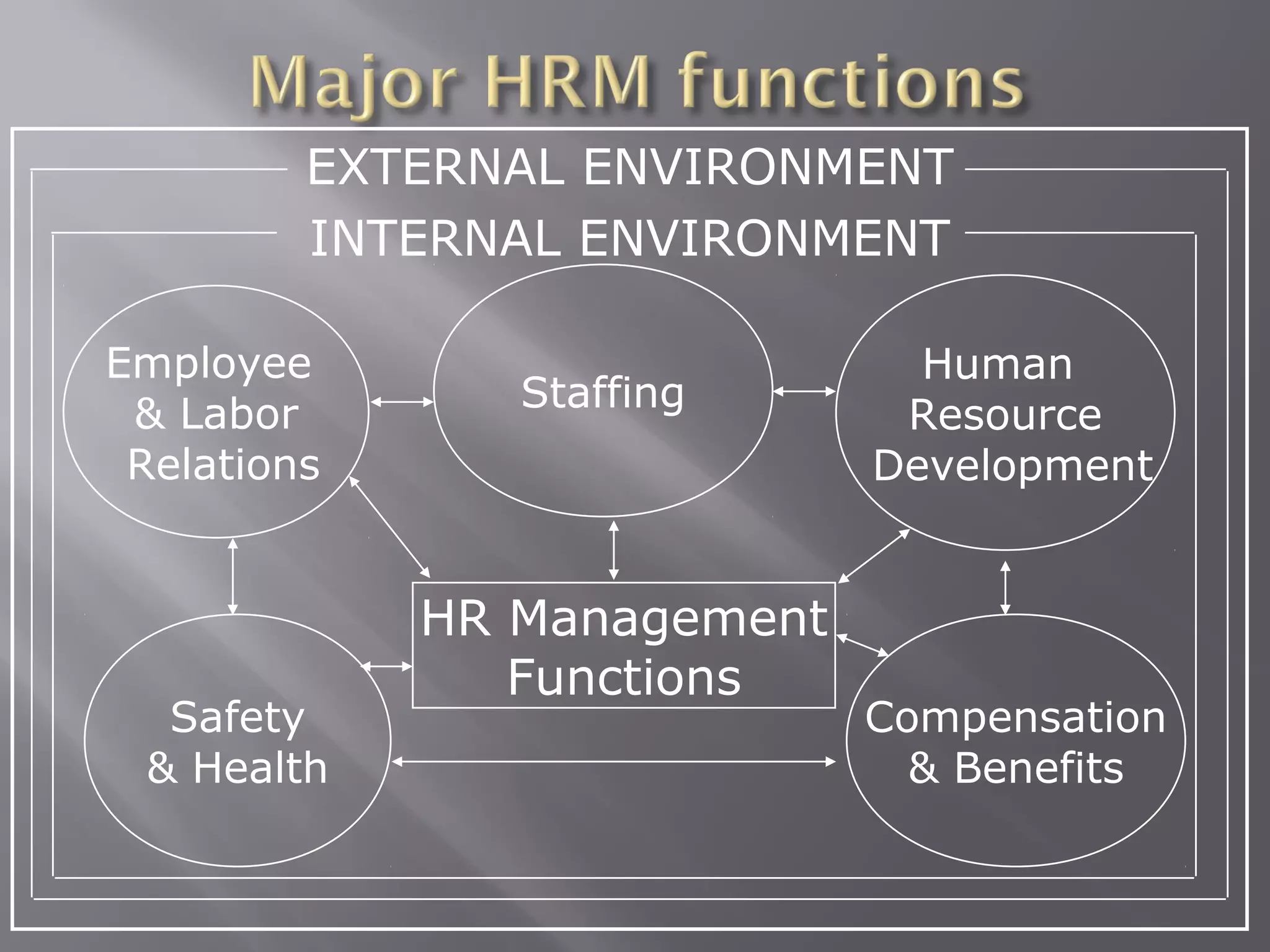 EXTERNAL ENVIRONMENT
INTERNAL ENVIRONMENT
Employee
& Labor
Relations

Safety
& Health

Staffing

HR Management
Functions

Human
Resource
Development

Compensation
& Benefits

 