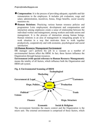 Projectsformba.blogspot.com


 Compensation: It is the process of providing adequate, equitable and fair
   remuneration to the employees. It includes job evaluation, wage and
   salary administration, incentives, bonus, fringe benefits, social security
   measures etc.
 Human Relations: Practicing various human resource policies and
   programmes Loire employment, development and compensation and
   interaction among employees create a sense of relationship between the
   individual worker and management, among workers and trade unions and
   management. It is the process of interaction among human beings.
   Human relations is an area of management in integrating people in to
   work situation in a way that motivates them to work together
   productively, cooperatively and with economic, psychological and social
   satisfaction.
1.8 Human Resource Management Environment
HR manager can’t perform his job in a vacuum as a number of
environmental factors affect the HRM. In fact, these factors influence the
Organization through human resources.
Environment (with special reference to Human Resource Management):
means the totality of all factors, which influence both the Organization and
HRM sub system.

Fig. 4: Environmental Scanning of HRM
                                   Technological
                       Marketing

Government & Legal                                              Customers

             Orgn. Politics        HRM             Production


     Political                                                  Trade
Unions

              Finance                              Orgn. Structure

                         Economic         Social & Religious
The environment furnishes the macro context and the Organization is the
micro unit. The external environment is comprised of those factors, which



                                     10
 