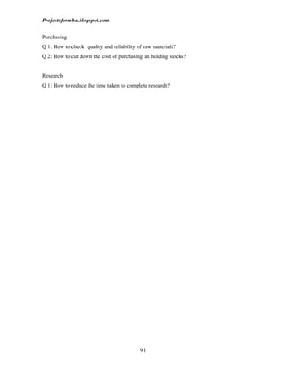 Projectsformba.blogspot.com


Purchasing
Q 1: How to check quality and reliability of raw materials?
Q 2: How to cut down the cost of purchasing an holding stocks?


Research
Q 1: How to reduce the time taken to complete research?




                                           91
 