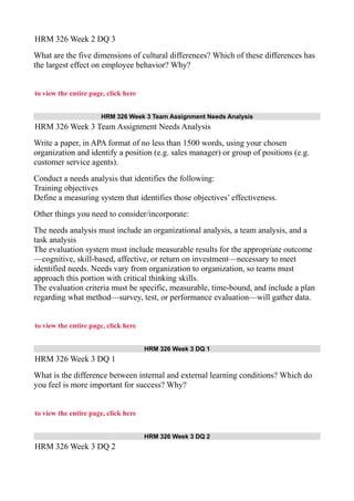 HRM 326 Week 2 DQ 3
What are the five dimensions of cultural differences? Which of these differences has
the largest effect on employee behavior? Why?
to view the entire page, click here
HRM 326 Week 3 Team Assignment Needs Analysis
HRM 326 Week 3 Team Assignment Needs Analysis
Write a paper, in APA format of no less than 1500 words, using your chosen
organization and identify a position (e.g. sales manager) or group of positions (e.g.
customer service agents).
Conduct a needs analysis that identifies the following:
Training objectives
Define a measuring system that identifies those objectives’ effectiveness.
Other things you need to consider/incorporate:
The needs analysis must include an organizational analysis, a team analysis, and a
task analysis
The evaluation system must include measurable results for the appropriate outcome
—cognitive, skill-based, affective, or return on investment—necessary to meet
identified needs. Needs vary from organization to organization, so teams must
approach this portion with critical thinking skills.
The evaluation criteria must be specific, measurable, time-bound, and include a plan
regarding what method—survey, test, or performance evaluation—will gather data.
to view the entire page, click here
HRM 326 Week 3 DQ 1
HRM 326 Week 3 DQ 1
What is the difference between internal and external learning conditions? Which do
you feel is more important for success? Why?
to view the entire page, click here
HRM 326 Week 3 DQ 2
HRM 326 Week 3 DQ 2
 