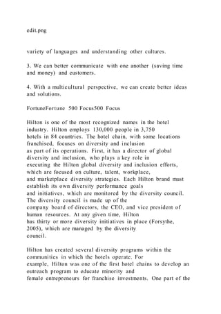 edit.png
variety of languages and understanding other cultures.
3. We can better communicate with one another (saving time
and money) and customers.
4. With a multicultural perspective, we can create better ideas
and solutions.
FortuneFortune 500 Focus500 Focus
Hilton is one of the most recognized names in the hotel
industry. Hilton employs 130,000 people in 3,750
hotels in 84 countries. The hotel chain, with some locations
franchised, focuses on diversity and inclusion
as part of its operations. First, it has a director of global
diversity and inclusion, who plays a key role in
executing the Hilton global diversity and inclusion efforts,
which are focused on culture, talent, workplace,
and marketplace diversity strategies. Each Hilton brand must
establish its own diversity performance goals
and initiatives, which are monitored by the diversity council.
The diversity council is made up of the
company board of directors, the CEO, and vice president of
human resources. At any given time, Hilton
has thirty or more diversity initiatives in place (Forsythe,
2005), which are managed by the diversity
council.
Hilton has created several diversity programs within the
communities in which the hotels operate. For
example, Hilton was one of the first hotel chains to develop an
outreach program to educate minority and
female entrepreneurs for franchise investments. One part of the
 