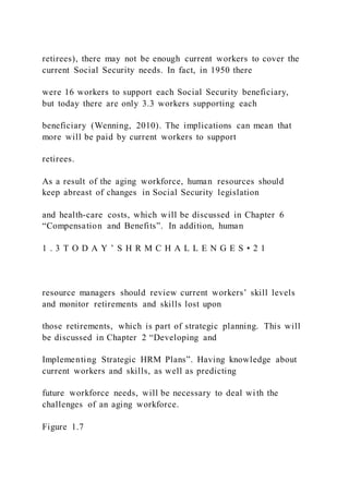retirees), there may not be enough current workers to cover the
current Social Security needs. In fact, in 1950 there
were 16 workers to support each Social Security beneficiary,
but today there are only 3.3 workers supporting each
beneficiary (Wenning, 2010). The implications can mean that
more will be paid by current workers to support
retirees.
As a result of the aging workforce, human resources should
keep abreast of changes in Social Security legislation
and health-care costs, which will be discussed in Chapter 6
“Compensation and Benefits”. In addition, human
1 . 3 T O D A Y ’ S H R M C H A L L E N G E S • 2 1
resource managers should review current workers’ skill levels
and monitor retirements and skills lost upon
those retirements, which is part of strategic planning. This will
be discussed in Chapter 2 “Developing and
Implementing Strategic HRM Plans”. Having knowledge about
current workers and skills, as well as predicting
future workforce needs, will be necessary to deal with the
challenges of an aging workforce.
Figure 1.7
 