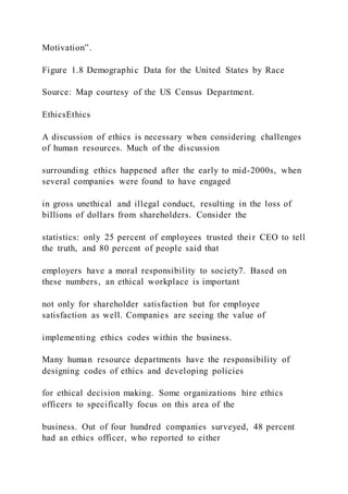 Motivation”.
Figure 1.8 Demographic Data for the United States by Race
Source: Map courtesy of the US Census Department.
EthicsEthics
A discussion of ethics is necessary when considering challenges
of human resources. Much of the discussion
surrounding ethics happened after the early to mid-2000s, when
several companies were found to have engaged
in gross unethical and illegal conduct, resulting in the loss of
billions of dollars from shareholders. Consider the
statistics: only 25 percent of employees trusted thei r CEO to tell
the truth, and 80 percent of people said that
employers have a moral responsibility to society7. Based on
these numbers, an ethical workplace is important
not only for shareholder satisfaction but for employee
satisfaction as well. Companies are seeing the value of
implementing ethics codes within the business.
Many human resource departments have the responsibility of
designing codes of ethics and developing policies
for ethical decision making. Some organizations hire ethics
officers to specifically focus on this area of the
business. Out of four hundred companies surveyed, 48 percent
had an ethics officer, who reported to either
 