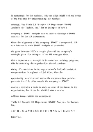 is performed for the business, HR can align itself with the needs
of the business by understanding the business
strategy. See Table 2.3 “Sample HR Department SWOT
Analysis for Techno, Inc.” for an example of how a
company’s SWOT analysis can be used to develop a SWOT
analysis for the HR department.
Once the alignment of the company SWOT is completed, HR
can develop its own SWOT analysis to determine
the gaps between HR’s strategic plan and the company’s
strategic plan. For example, if the HR manager finds
that a department’s strength is its numerous training programs,
this is something the organization should continue
doing. If a weakness is the organization’s lack of consistent
compensation throughout all job titles, then the
opportunity to review and revise the compensation policies
presents itself. In other words, the company’s SWOT
analysis provides a basis to address some of the issues in the
organization, but it can be whittled down to also
address issues within the department.
Table 2.3 Sample HR Department SWOT Analysis for Techno,
Inc.
3 8 • H U M A N R E S O U R C E M A N A G E M E N T
http://fac-
 