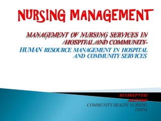MANAGEMENT OF NURSING SERVICES IN
HOSPITALANDCOMMUNITY-
HUMAN RESOURCE MANAGEMENT IN HOSPITAL
AND COMMUNITY SERVICES
KULDEEPVYAS
ASST
.PROF
COMMUNITY HEALTH NURSING
DSSNI
 