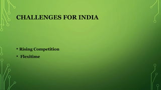 CHALLENGES FOR INDIA
• Rising Competition
• Flexitime
 