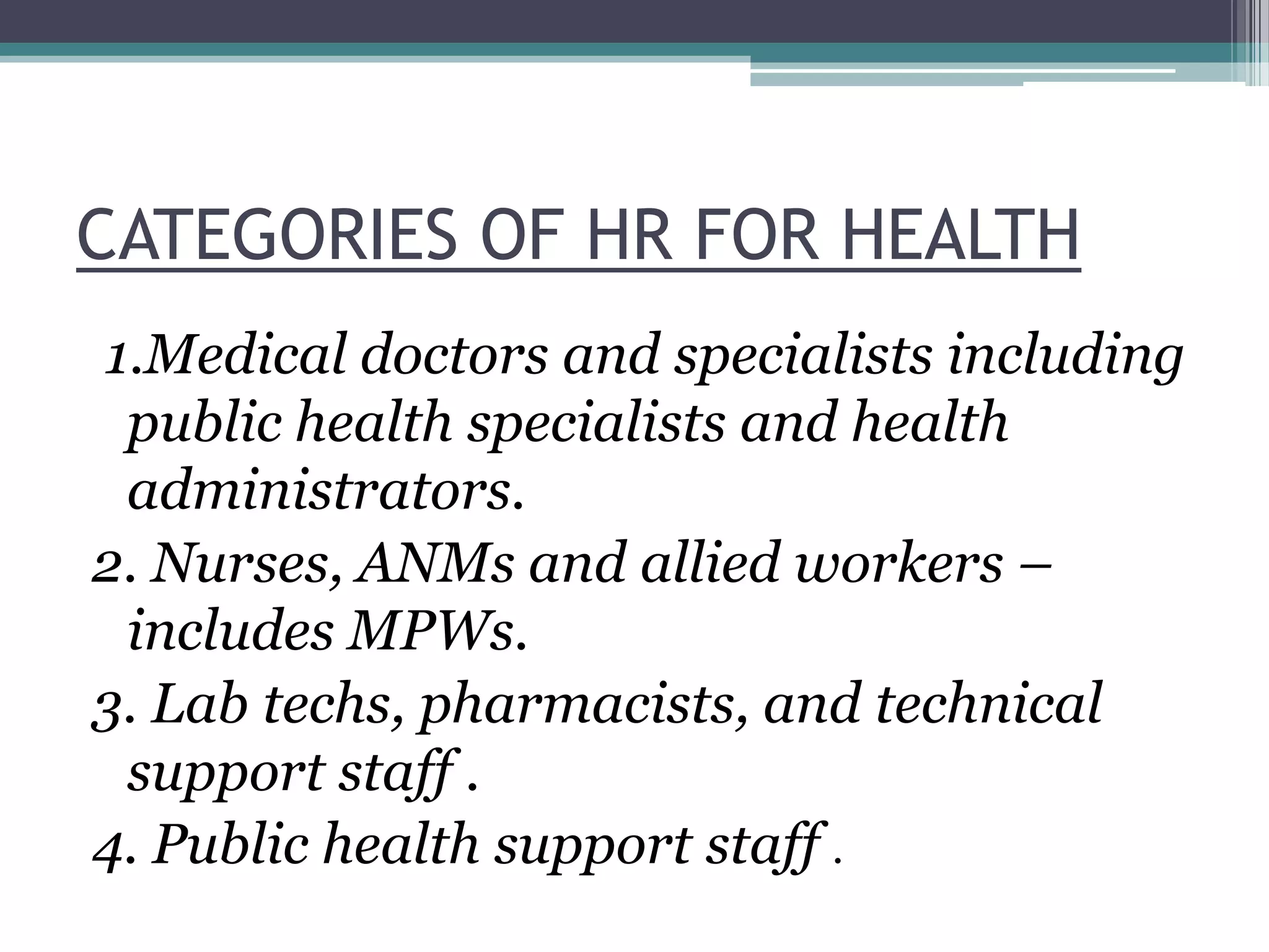 CATEGORIES OF HR FOR HEALTH
1.Medical doctors and specialists including
public health specialists and health
administrators.
2. Nurses, ANMs and allied workers –
includes MPWs.
3. Lab techs, pharmacists, and technical
support staff .
4. Public health support staff .
 