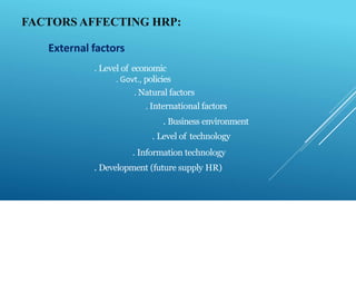 FACTORS AFFECTING HRP:
External factors
. Level of economic
. Govt., policies
. Natural factors
. International factors
. Business environment
. Level of technology
. Information technology
. Development (future supply HR)
 