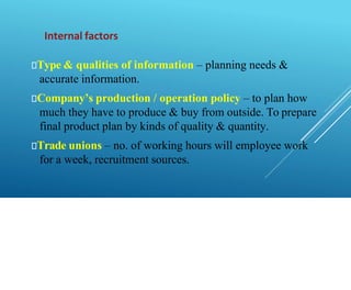 Internal factors
🠶Type & qualities of information – planning needs &
accurate information.
🠶Company’s production / operation policy – to plan how
much they have to produce & buy from outside. To prepare
final product plan by kinds of quality & quantity.
🠶Trade unions – no. of working hours will employee work
for a week, recruitment sources.
 