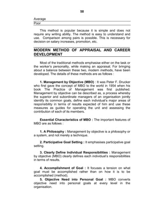 58
Average
Poor
This method is popular because it is simple and does not
require any writing ability. The method is easy to understand and
use. Comparison among pairs is possible. This is necessary for
decision on salary increases, promotion, etc.
MODERN METHOD OF APPRAISAL AND CAREER
DEVELOPMENT
Most of the traditional methods emphasise either on the task or
the worker‘s personality, while making an appraisal. For bringing
about a balance between these two, modern methods, have been
developed. The details of these methods are as follows :
1. Management by Objective (MBO) : It was Peter F. Drucker
who first gave the concept of MBO to the world in 1954 when his
book The Practice of Management was first published.
Management by objective can be described as, a process whereby
the superior and subordinate managers of an organisation jointly
identify its common goals, define each individual‘s major areas of
responsibility in terms of results expected of him and use these
measures as guides for operating the unit and assessing the
contribution of each of its members.
Essential Characteristics of MBO : The important features of
MBO are as follows :
1. A Philosophy : Management by objective is a philosophy or
a system, and not merely a technique.
2. Participative Goal Setting : It emphasises participative goal
setting.
3. Clearly Define Individual Responsibilities : Management
by objective (MBO) clearly defines each individual‘s responsibilities
in terms of results.
4. Accomplishment of Goal : It focuses a tension on what
goal must be accomplished rather than on how it is to be
accomplished (method).
5. Objective Need into Personal Goal : MBO converts
objective need into personal goals at every level in the
organisation.
 