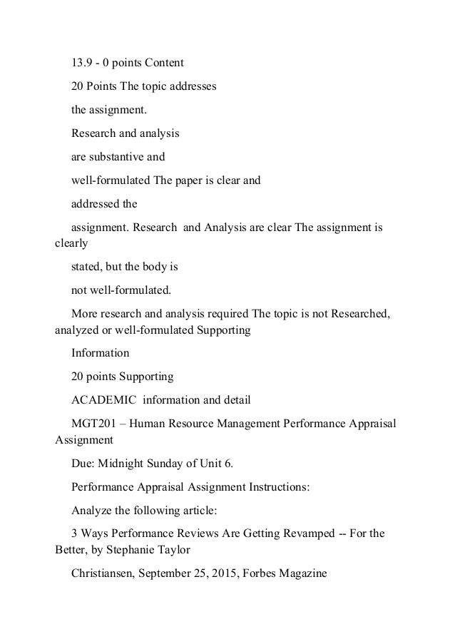 Human resource management performance appraisal assignment