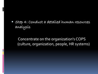  Step 4: Conduct a detailed human resources
  analysis

   Concentrate on the organization's COPS
   (culture, organization, people, HR systems)
 