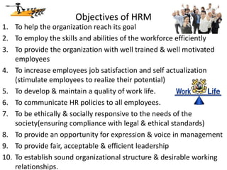 Objectives of HRM
1. To help the organization reach its goal
2. To employ the skills and abilities of the workforce efficiently
3. To provide the organization with well trained & well motivated
employees
4. To increase employees job satisfaction and self actualization
(stimulate employees to realize their potential)
5. To develop & maintain a quality of work life.
6. To communicate HR policies to all employees.
7. To be ethically & socially responsive to the needs of the
society(ensuring compliance with legal & ethical standards)
8. To provide an opportunity for expression & voice in management
9. To provide fair, acceptable & efficient leadership
10. To establish sound organizational structure & desirable working
relationships.
 