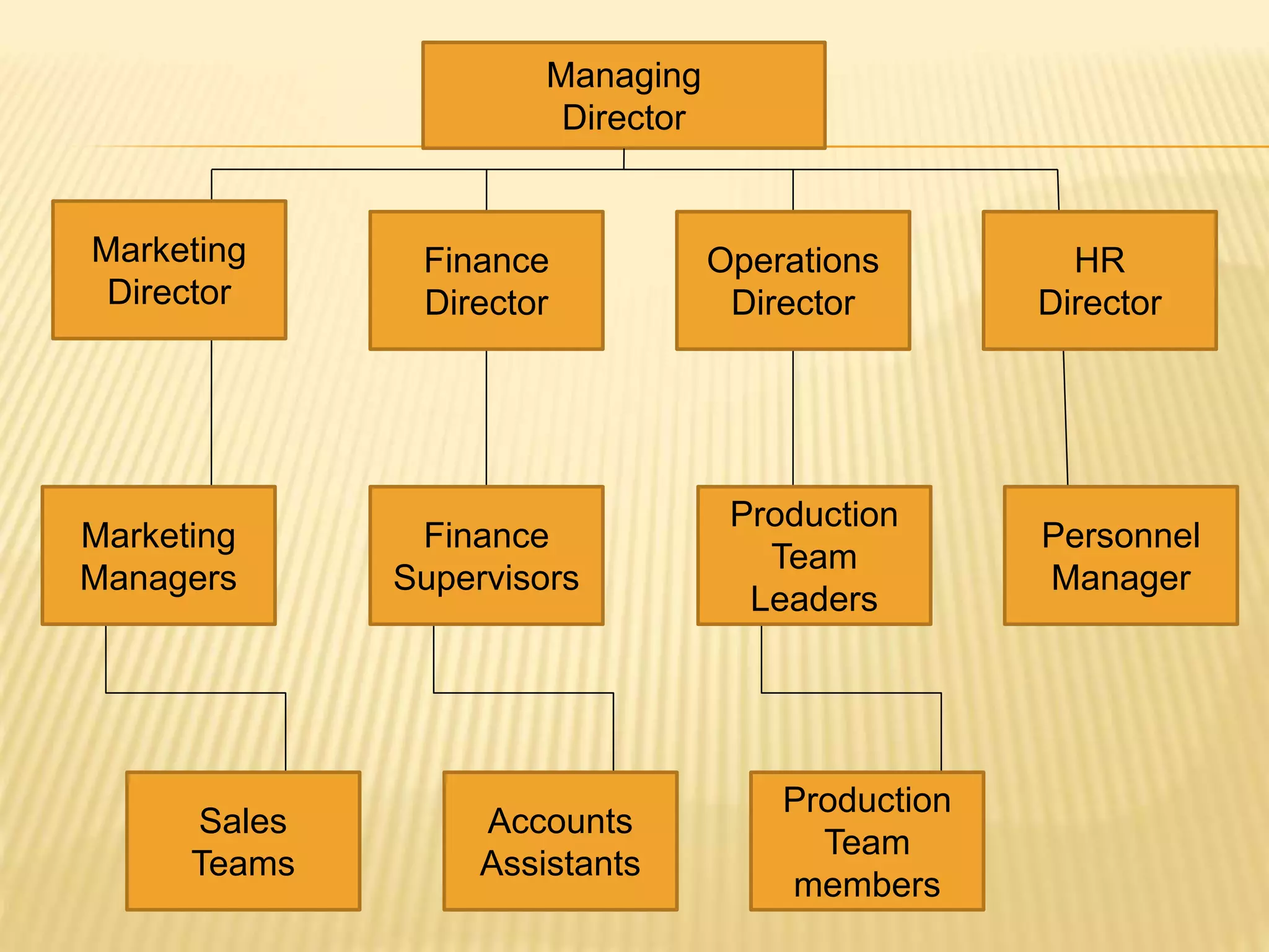 Managing
Director
Marketing
Director
Operations
Director
Finance
Director
HR
Director
Production
Team
members
Accounts
Assistants
Sales
Teams
Personnel
Manager
Production
Team
Leaders
Finance
Supervisors
Marketing
Managers
 