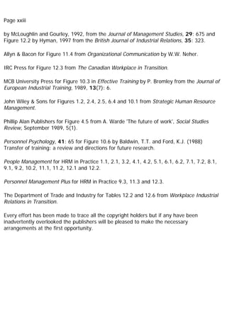 Page xxiii
by McLoughlin and Gourley, 1992, from the Journal of Management Studies, 29: 675 and
Figure 12.2 by Hyman, 1997 from the British Journal of Industrial Relations, 35: 323.
Allyn & Bacon for Figure 11.4 from Organizational Communication by W.W. Neher.
IRC Press for Figure 12.3 from The Canadian Workplace in Transition.
MCB University Press for Figure 10.3 in Effective Training by P. Bromley from the Journal of
European Industrial Training, 1989, 13(7): 6.
John Wiley & Sons for Figures 1.2, 2.4, 2.5, 6.4 and 10.1 from Strategic Human Resource
Management.
Phillip Alan Publishers for Figure 4.5 from A. Warde 'The future of work', Social Studies
Review, September 1989, 5(1).
Personnel Psychology, 41: 65 for Figure 10.6 by Baldwin, T.T. and Ford, K.J. (1988)
Transfer of training: a review and directions for future research.
People Management for HRM in Practice 1.1, 2.1, 3.2, 4.1, 4.2, 5.1, 6.1, 6.2, 7.1, 7.2, 8.1,
9.1, 9.2, 10.2, 11.1, 11.2, 12.1 and 12.2.
Personnel Management Plus for HRM in Practice 9.3, 11.3 and 12.3.
The Department of Trade and Industry for Tables 12.2 and 12.6 from Workplace Industrial
Relations in Transition.
Every effort has been made to trace all the copyright holders but if any have been
inadvertently overlooked the publishers will be pleased to make the necessary
arrangements at the first opportunity.
 