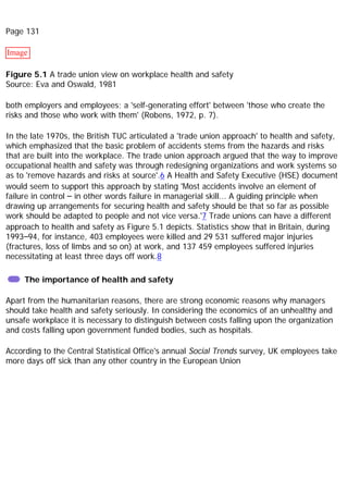 Page 131
Image
Figure 5.1 A trade union view on workplace health and safety
Source: Eva and Oswald, 1981
both employers and employees; a 'self-generating effort' between 'those who create the
risks and those who work with them' (Robens, 1972, p. 7).
In the late 1970s, the British TUC articulated a 'trade union approach' to health and safety,
which emphasized that the basic problem of accidents stems from the hazards and risks
that are built into the workplace. The trade union approach argued that the way to improve
occupational health and safety was through redesigning organizations and work systems so
as to 'remove hazards and risks at source'.6 A Health and Safety Executive (HSE) document
would seem to support this approach by stating 'Most accidents involve an element of
failure in control – in other words failure in managerial skill... A guiding principle when
drawing up arrangements for securing health and safety should be that so far as possible
work should be adapted to people and not vice versa.'7 Trade unions can have a different
approach to health and safety as Figure 5.1 depicts. Statistics show that in Britain, during
1993–94, for instance, 403 employees were killed and 29 531 suffered major injuries
(fractures, loss of limbs and so on) at work, and 137 459 employees suffered injuries
necessitating at least three days off work.8
The importance of health and safety
Apart from the humanitarian reasons, there are strong economic reasons why managers
should take health and safety seriously. In considering the economics of an unhealthy and
unsafe workplace it is necessary to distinguish between costs falling upon the organization
and costs falling upon government funded bodies, such as hospitals.
According to the Central Statistical Office's annual Social Trends survey, UK employees take
more days off sick than any other country in the European Union
 