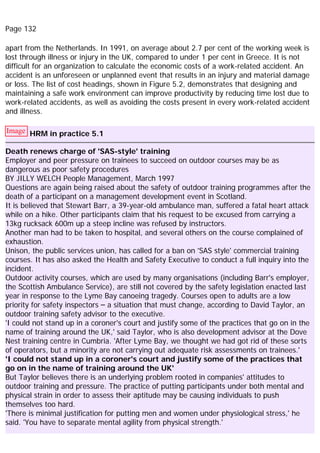 Page 132
apart from the Netherlands. In 1991, on average about 2.7 per cent of the working week is
lost through illness or injury in the UK, compared to under 1 per cent in Greece. It is not
difficult for an organization to calculate the economic costs of a work-related accident. An
accident is an unforeseen or unplanned event that results in an injury and material damage
or loss. The list of cost headings, shown in Figure 5.2, demonstrates that designing and
maintaining a safe work environment can improve productivity by reducing time lost due to
work-related accidents, as well as avoiding the costs present in every work-related accident
and illness.
Image HRM in practice 5.1
Death renews charge of 'SAS-style' training
Employer and peer pressure on trainees to succeed on outdoor courses may be as
dangerous as poor safety procedures
BY JILLY WELCH People Management, March 1997
Questions are again being raised about the safety of outdoor training programmes after the
death of a participant on a management development event in Scotland.
It is believed that Stewart Barr, a 39-year-old ambulance man, suffered a fatal heart attack
while on a hike. Other participants claim that his request to be excused from carrying a
13kg rucksack 600m up a steep incline was refused by instructors.
Another man had to be taken to hospital, and several others on the course complained of
exhaustion.
Unison, the public services union, has called for a ban on 'SAS style' commercial training
courses. It has also asked the Health and Safety Executive to conduct a full inquiry into the
incident.
Outdoor activity courses, which are used by many organisations (including Barr's employer,
the Scottish Ambulance Service), are still not covered by the safety legislation enacted last
year in response to the Lyme Bay canoeing tragedy. Courses open to adults are a low
priority for safety inspectors – a situation that must change, according to David Taylor, an
outdoor training safety advisor to the executive.
'I could not stand up in a coroner's court and justify some of the practices that go on in the
name of training around the UK,' said Taylor, who is also development advisor at the Dove
Nest training centre in Cumbria. 'After Lyme Bay, we thought we had got rid of these sorts
of operators, but a minority are not carrying out adequate risk assessments on trainees.'
'I could not stand up in a coroner's court and justify some of the practices that
go on in the name of training around the UK'
But Taylor believes there is an underlying problem rooted in companies' attitudes to
outdoor training and pressure. The practice of putting participants under both mental and
physical strain in order to assess their aptitude may be causing individuals to push
themselves too hard.
'There is minimal justification for putting men and women under physiological stress,' he
said. 'You have to separate mental agility from physical strength.'
 