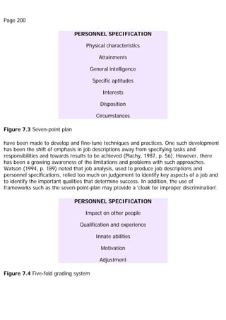 Page 200
PERSONNEL SPECIFICATION
Physical characteristics
Attainments
General intelligence
Specific aptitudes
Interests
Disposition
Circumstances
Figure 7.3 Seven-point plan
have been made to develop and fine-tune techniques and practices. One such development
has been the shift of emphasis in job descriptions away from specifying tasks and
responsibilities and towards results to be achieved (Plachy, 1987, p. 56). However, there
has been a growing awareness of the limitations and problems with such approaches.
Watson (1994, p. 189) noted that job analysis, used to produce job descriptions and
personnel specifications, relied too much on judgement to identify key aspects of a job and
to identify the important qualities that determine success. In addition, the use of
frameworks such as the seven-point-plan may provide a 'cloak for improper discrimination'.
PERSONNEL SPECIFICATION
Impact on other people
Qualification and experience
Innate abilities
Motivation
Adjustment
Figure 7.4 Five-fold grading system
 