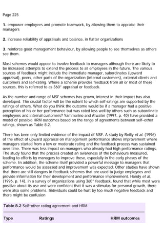 Page 225
1. empower employees and promote teamwork, by allowing them to appraise their
managers
2. increase reliability of appraisals and balance, in flatter organizations
3. reinforce good management behaviour, by allowing people to see themselves as others
see them.
Most schemes would appear to involve feedback to managers although there are likely to
be increased attempts to extend the process to all employees in the future. The various
sources of feedback might include the immediate manager, subordinates (upward
appraisal), peers, other parts of the organization (internal customers), external clients and
customers and self-rating. Where a scheme provides feedback from all or most of these
sources, this is referred to as 360° appraisal or feedback.
As the number and range of MSF schemes has grown, interest in their impact has also
developed. The crucial factor will be the extent to which self-ratings are supported by the
ratings of others. What do you think the outcome would be if a manager had a positive
perception of his or her performance but was rated less well by others such as subordinate
employees and internal customers? Yammarino and Atwater (1997, p. 40) have provided a
model of possible HRM outcomes based on the range of agreements between self–other
ratings, shown as Table 8.2.
There has been only limited evidence of the impact of MSF. A study by Reilly et al. (1996)
of the effect of upward appraisal on management performance shows improvement where
managers started from a low or moderate rating and the feedback process was sustained
over time. There was less impact on managers who already had high performance ratings.
The study found that the process created an awareness of the behaviours measured,
leading to efforts by managers to improve these, especially in the early phases of the
scheme. In addition, the scheme itself provided a powerful message to managers that
performance would be assessed and improvement was expected. Other studies have shown
that there are still dangers in feedback schemes that are used to judge employees and
provide information for their development and performance improvement. Handy et al.
(1996, p. 14), in a survey of organizations using 360° feedback, found that while most were
positive about its use and were confident that it was a stimulus for personal growth, there
were also some problems. Individuals could be hurt by too much negative feedback and
there might be confusion
Table 8.2 Self–other rating agreement and HRM
Type Ratings HRM outcomes
 