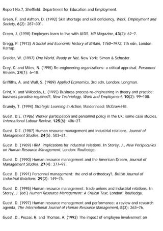 Report No.7, Sheffield: Department for Education and Employment.
Green, F. and Ashton, D. (1992) Skill shortage and skill deficiency, Work, Employment and
Society, 6(2): 287–301.
Green, J. (1998) Employers learn to live with AIDS, HR Magazine, 43(2): 62–7.
Gregg, P. (1973) A Social and Economic History of Britain, 1760–1972, 7th edn, London:
Harrap.
Greider, W. (1997) One World, Ready or Not, New York: Simon & Schuster.
Grey, C. and Mitev, N. (1995) Re-engineering organizations: a critical appraisal, Personnel
Review, 24(1): 6–18.
Griffiths, A. and Wall, S. (1989) Applied Economics, 3rd edn, London: Longman.
Grint, K. and Willcocks, L. (1995) Business process re-engineering in theory and practice:
business paradise regained?, New Technology, Work and Employment, 10(2): 99–108.
Grundy, T. (1994) Strategic Learning in Action, Maidenhead: McGraw-Hill.
Guest, D.E. (1986) Worker participation and personnel policy in the UK: some case studies,
International Labour Review, 125(6): 406–27.
Guest, D.E. (1987) Human resource management and industrial relations, Journal of
Management Studies, 24(5): 503–21.
Guest, D. (1989) HRM: implications for industrial relations. In Storey, J., New Perspectives
on Human Resource Management, London: Routledge.
Guest, D. (1990) Human resource management and the American Dream, Journal of
Management Studies, 27(4): 377–97.
Guest, D. (1991) Personnel management: the end of orthodoxy?, British Journal of
Industrial Relations, 29(2): 149–75.
Guest, D. (1995) Human resource management, trade unions and industrial relations. In
Storey, J. (ed.) Human Resource Management: A Critical Text, London: Routledge.
Guest, D. (1997) Human resource management and performance: a review and research
agenda, The International Journal of Human Resource Management, 8(3): 263–76.
Guest, D., Peccei, R. and Thomas, A. (1993) The impact of employee involvement on
 