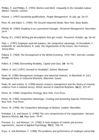 Phillips, P. and Phillips, E. (1993) Women and Work: Inequality in the Canadian Labour
Market, Toronto: Lorimer.
Pickard, J. (1997) Vacational qualifications, People Management, 10 July, pp. 26–31.
Piore, M. and Sabel, C. (1984) The Second Industrial Divide, New York: Basic Books.
Pitfield, M. (1984) Studying to be a personnel manager, Personnel Management, November:
24–9.
Plachy, R.J. (1987) Writing job descriptions that get results, Personnel, October, pp. 56–63.
Platt, L. (1997) Employee work-life balance: the competitive advantage. In Hesselbein, F.,
Goldsmith, M. and Beckhard, R. (eds) The Organization of the Future, San Francisco:
Jossey-Bass.
Pollard, S. (1969) The Development of the British Economy, 1914–1967, 2nd edn, London:
Arnold.
Pollert, A. (1988) Dismantling flexibility, Capital and Class, 34: 42–75.
Pollert, A. (ed.) (1991) Farewell to Flexibility?, Oxford: Blackwell.
Poole, M. (1980) Management strategies and industrial relations. In Mansfield, R. (ed.)
Managerial Roles in Industrial Relations, Aldershot: Gower.
Poole, M. and Jenkins, G. (1998) Human resource management and the theory of rewards:
evidence from a national survey, British Journal of Industrial Relations, 36(2): 227–47.
Porter, M. (1980) Competitive Strategy, New York: Free Press.
Porter, M. (1985) Competitive Advantage: Creating and Sustaining Superior Performance,
New York: Free Press.
Porter, M. (1990) The Competitive Advantage of Nations. London: Macmillan.
Prahalad, C.K. and Hamel, G. (1990) The core competencies of the organization, Harvard
Business Review, 68, May–June: 79–91.
Premack, S.L. and Wanous, J.P. (1985) A meta-analysis of realistic job preview
experiments, Journal of Applied Psychology, 70(4): 706–19.
Pryce, V. and Nicholson, C. (1988) The problems and performance of employee ownership
 