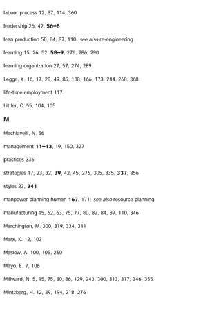 labour process 12, 87, 114, 360
leadership 26, 42, 56–8
lean production 58, 84, 87, 110; see also re-engineering
learning 15, 26, 52, 58–9, 276, 286, 290
learning organization 27, 57, 274, 289
Legge, K. 16, 17, 28, 49, 85, 138, 166, 173, 244, 268, 368
life-time employment 117
Littler, C. 55, 104, 105
M
Machiavelli, N. 56
management 11–13, 19, 150, 327
practices 336
strategies 17, 23, 32, 39, 42, 45, 276, 305, 335, 337, 356
styles 23, 341
manpower planning human 167, 171; see also resource planning
manufacturing 15, 62, 63, 75, 77, 80, 82, 84, 87, 110, 346
Marchington, M. 300, 319, 324, 341
Marx, K. 12, 103
Maslow, A. 100, 105, 260
Mayo, E. 7, 106
Millward, N. 5, 15, 75, 80, 86, 129, 243, 300, 313, 317, 346, 355
Mintzberg, H. 12, 39, 194, 218, 276
 