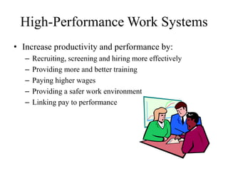 High-Performance Work Systems
• Increase productivity and performance by:
– Recruiting, screening and hiring more effectively
– Providing more and better training
– Paying higher wages
– Providing a safer work environment
– Linking pay to performance
 